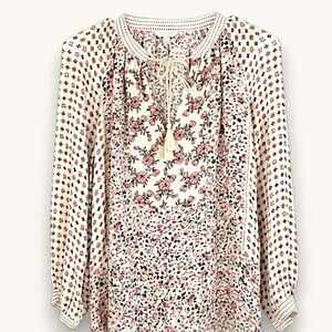 Lucky Brand Floral Peasant Blouse Sheer Boho Tie Neck Long Sleeve Top